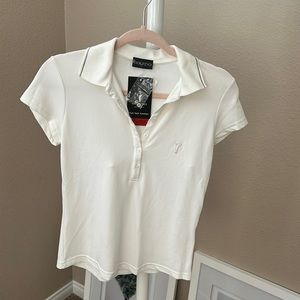 Women white polo shirt.